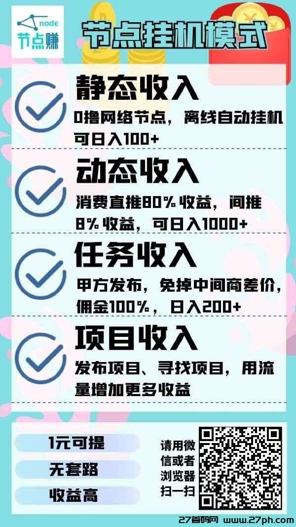 节点赚挂机，后台运行，永久收益，安全靠谱-27首码项目网